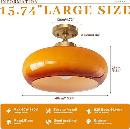 Retro Orange Glass Flush Mount Ceiling Light Fixture, 15.74 Inch Industrial Close to Ceiling Lamp for Bedroom Living Room Kitchen Hallway, E26 Base, Easy Installation