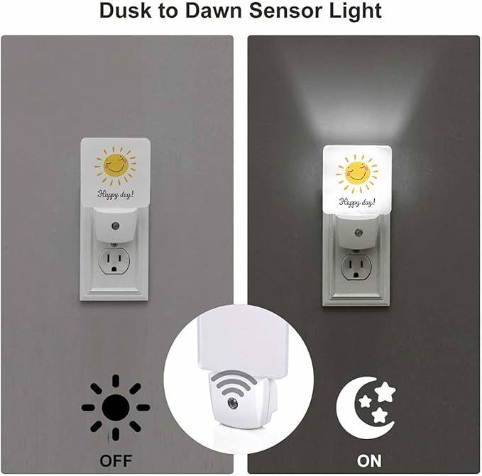 LED Night Light,Cartoon Cute Sun Icon Happy Day Word LED Night Light Plug into Wall with Dusk to Dawn Light Sensor White Energy Efficient Nightlight for Bedroom Hallway Living Room Kitchen
