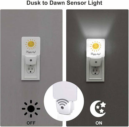 LED Night Light,Cartoon Cute Sun Icon Happy Day Word LED Night Light Plug into Wall with Dusk to Dawn Light Sensor White Energy Efficient Nightlight for Bedroom Hallway Living Room Kitchen