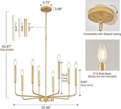Modern Gold Chandelier for Dining Room,Metal 8-Light Kitchen Light Fixtures, Farmhouse Candle Hanging Pendant Light for Living Room Entryway Foyer Bedroom (Bulbs Not Included)