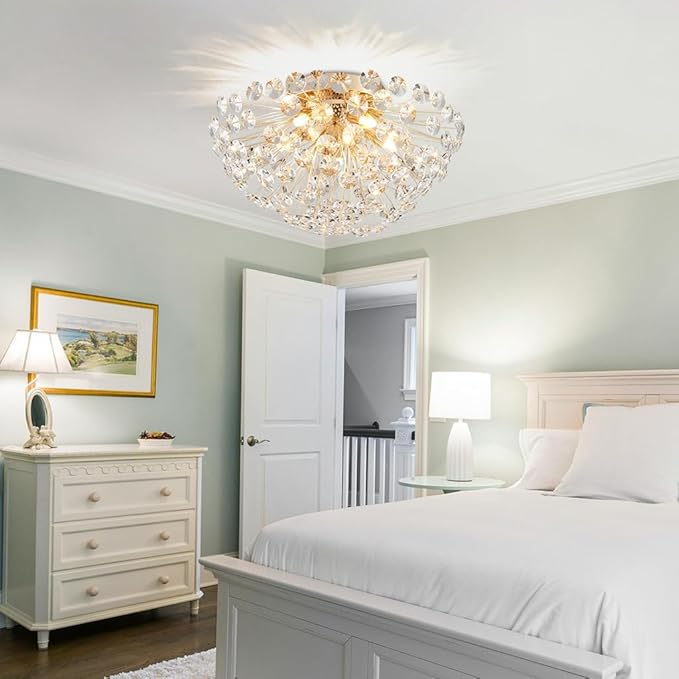 AGV LIGHTING Modern Crystal Flush Mount Ceiling Light Fixture, Dandelion Sputnik Semi Flush Mount Ceiling Light, 16" 5-Light with G9 Base Gold Ceiling Light Fixture