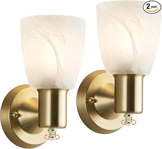 EJIAXIN Wall Sconces Set of 2, Gold Vanity Lights for Bathroom, Modern Wall Light Fixtures with Rotary Switch, Wall Mount Light with Frosted Glass, Farmhouse Lamp for Bedroom Living Room