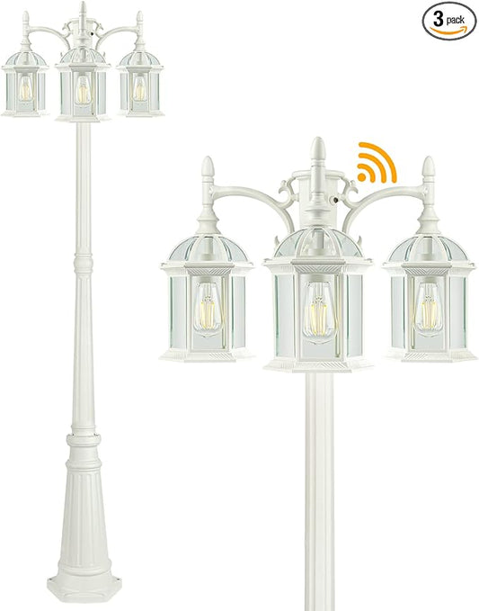 Dusk to Dawn Outdoor Lamp Post Light Birdcage, 3 Head Waterproof Outside White Street Light Pole with Clear Glass Shade for Yard Garden Patio Path Driveway