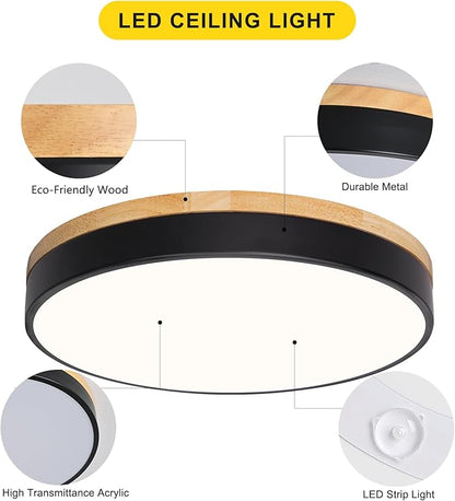 Modern Wood Black Flush Mount Ceiling Light, 15.74" Round LED Low Profile Close to Ceiling Fixture for Kitchen Bedroom Bathroom Laundry Hallway Entryway Closet Living Room