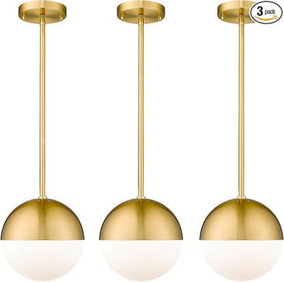LMS 8 Inch Mid Century Pendant Lights, Brushed Gold Kitchen Island Light Fixtures with White Globe Glass Shade, Adjustable Hanging Rod, 3-Pack for Home Office Dining Room Bathroom, LMS-186BG3PK