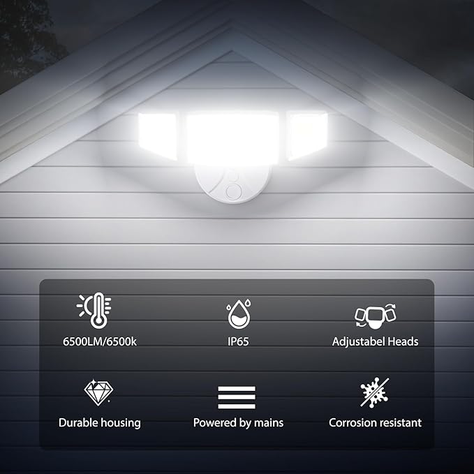 iMaihom 65W 6500LM LED Outdoor Flood Light, Switch Controlled Outdoor Security Light, 3 Adjustable Heads, IP65 Waterproof, 6500K Daylight White, Hardwired Wall Mount Light for Garage Yard Patio, White