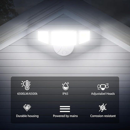iMaihom 65W 6500LM LED Outdoor Flood Light, Switch Controlled Outdoor Security Light, 3 Adjustable Heads, IP65 Waterproof, 6500K Daylight White, Hardwired Wall Mount Light for Garage Yard Patio, White