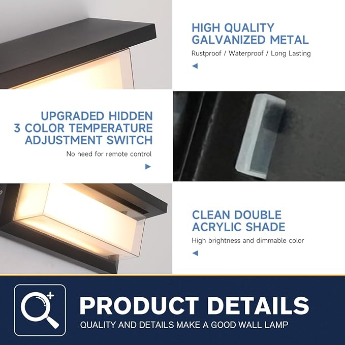2-Pack 24W Modern LED Wall Sconces, ETL Certified, 3000K/4000/6500K Color Adjustable, 10-100% Dimmable Outdoor Wall Lights, 2160LM IP65 Waterproof Exterior Lighting Fixtures for Porch, Patio