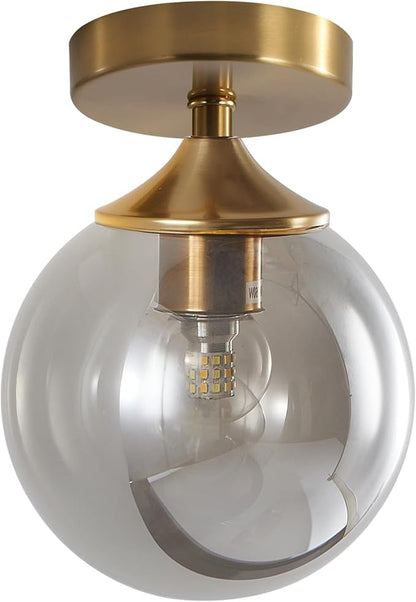 KCO Lighting Mid Century Modern Semi Flush Mount Ceiling Light Fixture Small Smoked Glass Globe Flush Mount Ceiling Light Brushed Gold Ceiling Lighting Fixture for Hallway Entryway Bedroom