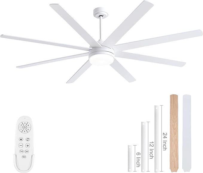 YUHAO 72 Inch White Ceiling Fan with Light and Remote Control.Noiseless,Dimmable,3CCT,6 Speeds Reversible, DC Ceiling Fans for Indoor or Covered Outdoor Use.ETL Listed
