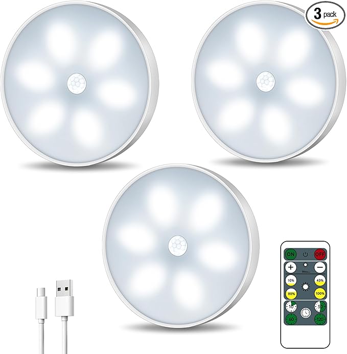 Lightbiz LED Closet Lights Wireless Motion Sensor Puck Light, Newest Version USB Rechargeable Dimmer Step Light with Remote, Night Safe Lighting for Under Cabinet, Kitchen, Hallway, Stairs (3 Pack)