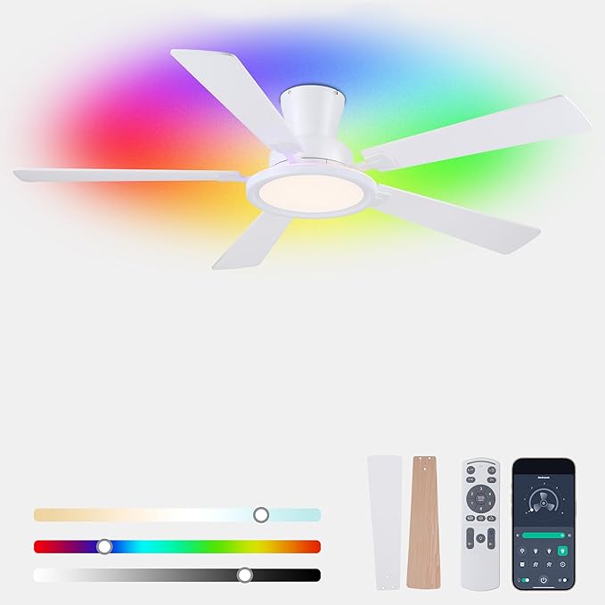 Ayaoty White Ceiling Fan with Light Flush Mount - 52in Low Profile Ceiling Fan with RGB Light and 5 Reversible Fan Blades, LED 3CCT Dimmable, Modern Indoor Fan Light for Bedroom, Party, White