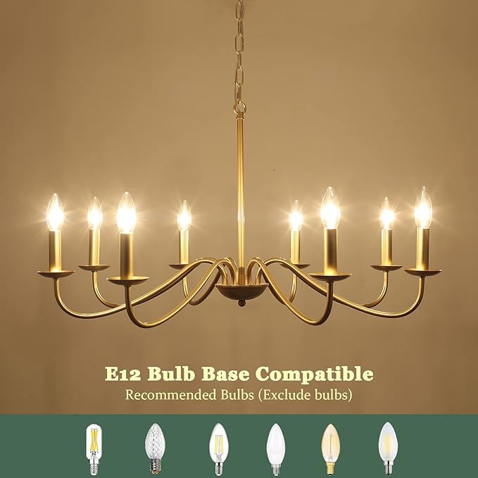 Gold Chandelier 8-Light Modern Farmhouse Chandelier Lighting Fixtures Rustic Candle Hanging Chandelier for Living Room Foyer Hallway Bedroom Kitchen