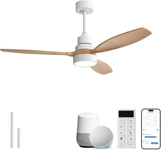 Sofucor 52 Inch Solid Wood Smart Ceiling Fans with Lights and Remote, Works with App/Alexa/Google, 6-Speed Outdoor Ceiling Fan with Light, 3 Blade Ceiling Fan, Quiet DC Motor for Living Room Patio