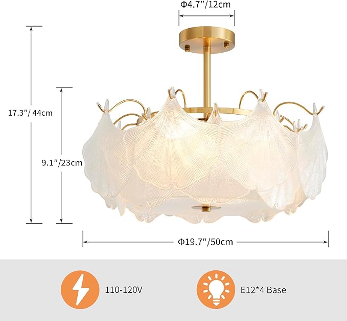 AGV LIGHTING Elegant Glass Chandelier Ceiling Light Fixture, Large Semi Flush Mount Ceiling Light, Gold Brass Finish with Frosted Glass Leaf Shades, Flush Ceiling Fixture for Bedroom, Dining Room