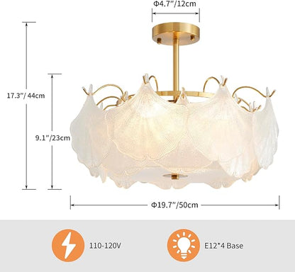 AGV LIGHTING Elegant Glass Chandelier Ceiling Light Fixture, Large Semi Flush Mount Ceiling Light, Gold Brass Finish with Frosted Glass Leaf Shades, Flush Ceiling Fixture for Bedroom, Dining Room