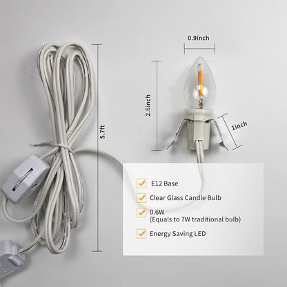 Set of 2 Accessory Cord with 2 C7 Led Light Bulb 6Ft Light IndoorString Lights, Candelabra-Base E12 Socket C7 Lamp for Halloween and Christmas Decorations, Craft Village House Decoration