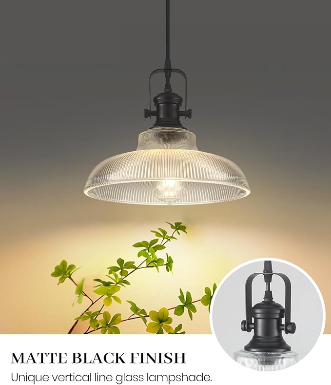 Black Glass Pendant Lights Kitchen Island, 12in, Ribbed Glass Kitchen Pendant Lights Fixture, Farmhouse Pendant Lighting for Dining Room Bedroom Bar Sink, 1 Pack