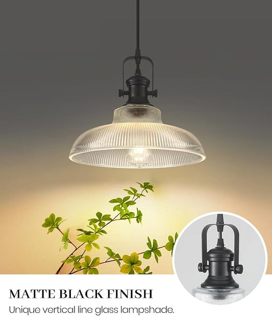 Black Glass Pendant Lights Kitchen Island, 12in, Ribbed Glass Kitchen Pendant Lights Fixture, Farmhouse Pendant Lighting for Dining Room Bedroom Bar Sink, 1 Pack