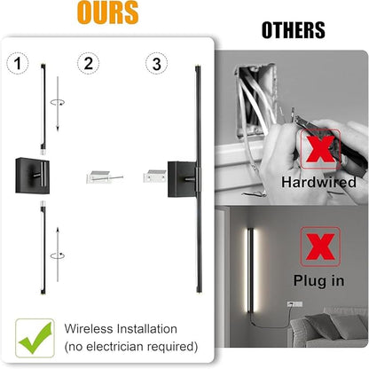 SAIMAND Wall Sconces Set of 2 Battery Operated, Wireless USB 8000mAh Rechargeable Wall Lights with Remote Control,3000K-6000K LED Dimmable Decor Lamp for Living Room,Bedroom,Hallway (27in Black)