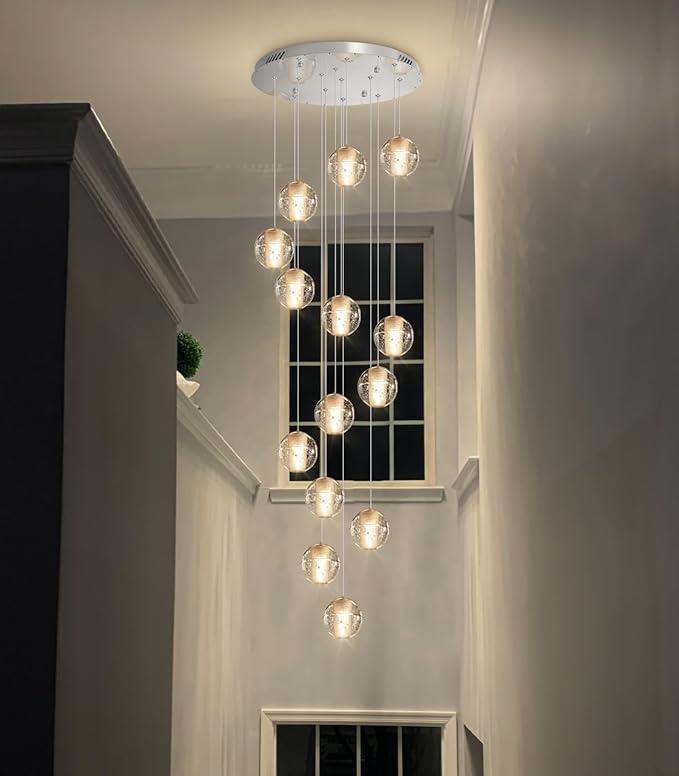 HAIXIANG 14-Lights Modern Chandelier Bubble Crystal 118" Long Lights for Living Room Entrance Foyer Sloped High Ceiling Spiral Pendant Lighting Warm Ligh Bulbs Silver Lights