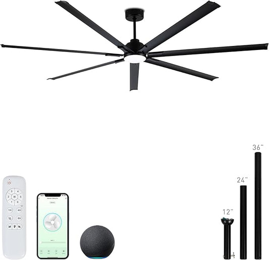 Minislak 96" Industrial & Commercial HVLS 7 Black Aluminum Blades Ceiling Fan with Light and Compatible Alexa,High CFM Brushless Motor,6-Speed,Indoor Outdoor Ceiling Fan for Patio,Garage,Shop,Library