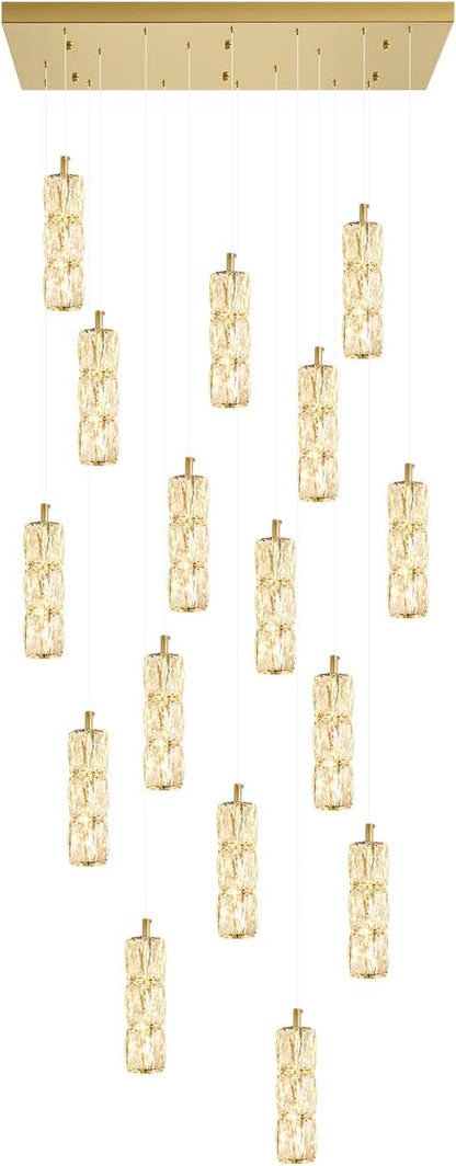 ykolupty Modern Rectangle Chandelier 16-Lights Crystal Chandeliers LED Dimmable Gold Linear Chandelier Flush Mount Crystal Pendant Light for Living Room Dining Room Foyer