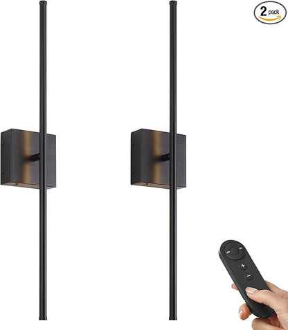 KARTOOSH Battery Operated Wall Sconces with Remote Control, Dimmable Wall Sconces Set of Two, 350°Rotate, 3000K LED Black Wireless Wall Light for Living Room, Hallway, Bedroom, 24.4 Inch (2 Pack)
