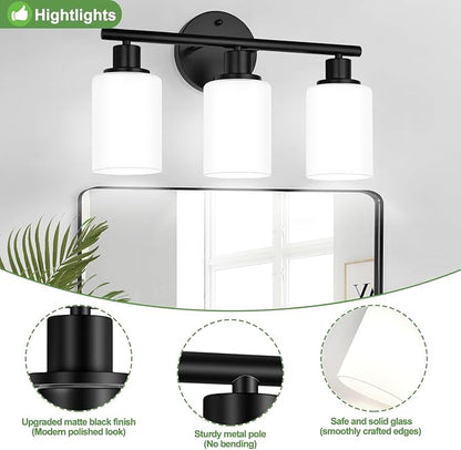 Zarbitta 3-Light Bathroom Light Fixtures, Black Modern Vanity Lights with Milky White Frosted Glass Shades, Bathroom Wall Lamp for Mirror Kitchen Living Room Hallway Cabinet Porch
