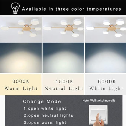 LED Ceiling Light Fixture,41 Inch 6-Lights Modern Ceiling Lights Flush Mount Wooden 48W Dimmable Chandelier for Living Room Bedroom Kitchen,3000K/4000K/6000K Temperatures Selectable White