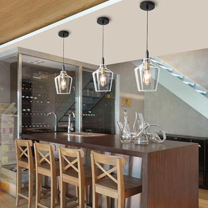 Modern Glass Pendant Lighting for Kitchen Island, Farmhouse Black and Gold Pendant Light Fixtures 1 Pack, Adjustable Hanging Ceiling Light Angled Clear Glass Shades 8 Inch