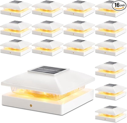 Solar Post Cap Lights Outdoor 16pack, White Waterproof Solar Powered Deck Fence Post Lights Fit 4x4 Wood/Vinyl Posts, Bright Warm White Solar Cap Light Decorate Deck, Patio, Porch, Fence