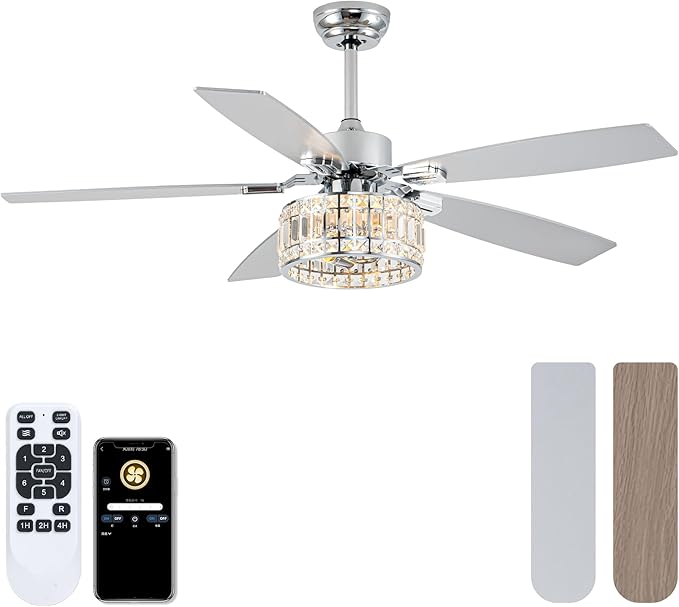 Chandelier Ceiling Fans with Lights and Remote,Caged Ceiling Fan with Light,App 5 Blades E26 Fandelier Ceiling Fans with Lights,Crystal Ceiling Fan for Bedroom,Living Room. (Nickel, 52 Inch)