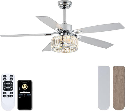 Chandelier Ceiling Fans with Lights and Remote,Caged Ceiling Fan with Light,App 5 Blades E26 Fandelier Ceiling Fans with Lights,Crystal Ceiling Fan for Bedroom,Living Room. (Nickel, 52 Inch)