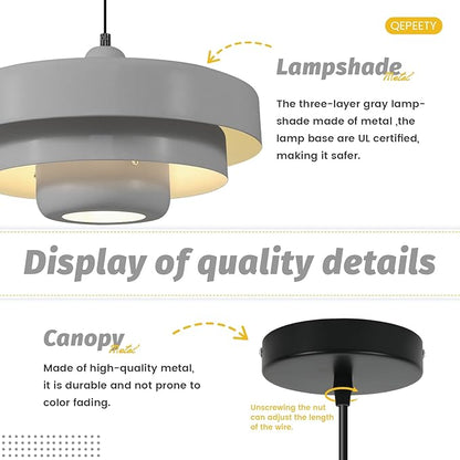 Gray Pendant Light Industrial 1-Light Adjustable Hanging Light Fixture with 3-Layer Metal Shade, Minimalist Pendant Lamp for Kitchen Island Dining Room Hallway