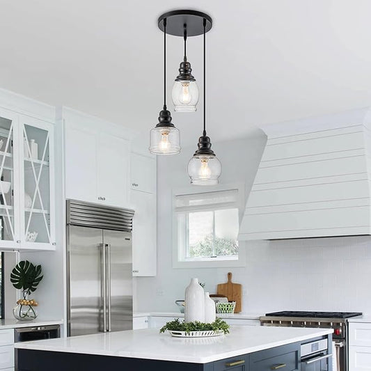 WILON Pendant Light Fixtures, 3 Light Pendant Lighting for Kitchen Island Industrial Hanging Pendant Lighting with Seeded Glass Shade, Black Glass Pendant Light for Dining Room Kitchen Island