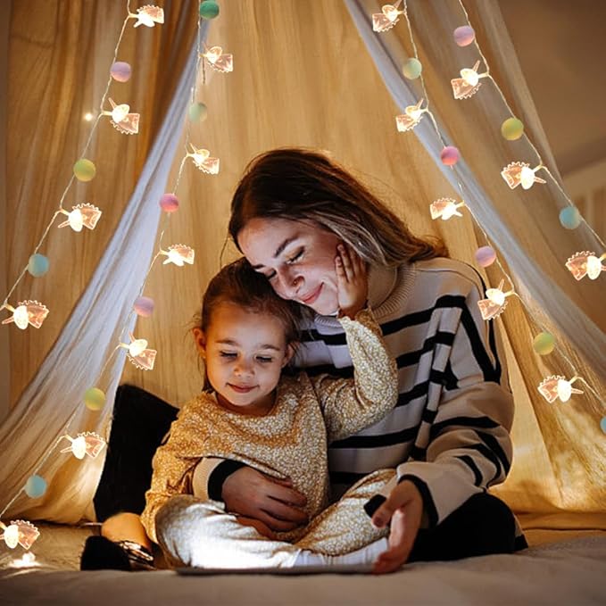 9.85FT Unicorn String Lights Cute Pom Poms Fairy LED String Lights Battery Operated with Timer Decor Lights for Kids Bedroom Birthday Party Kids Playhouse Wedding Valentine's Day Christmas Decorations