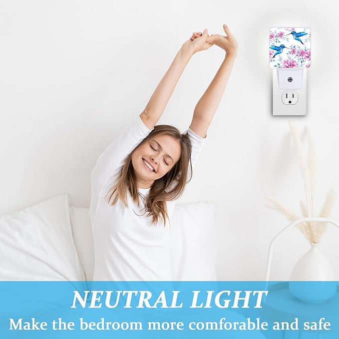 Vintage Blue Hummingbirds Night Light, Plug-into Wall Pink Spring Flower Nightlight Lamp with Dusk to Dawn Sensor, Led Lamp 0.5W Energy Efficient for Boys Girls Adults Home Decor