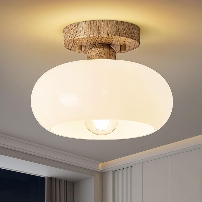 WOKNOS Mid-Century Modern Semi Flush Mount Ceiling Light, Faux Wood Kitchen Ceiling Light Fixture with Glass Shade, Vintage White Close to Ceiling Lamp for Entryway Hallway Bathroom (8.66 Inch)