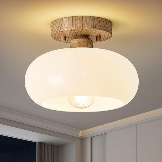 WOKNOS Mid-Century Modern Semi Flush Mount Ceiling Light, Faux Wood Kitchen Ceiling Light Fixture with Glass Shade, Vintage White Close to Ceiling Lamp for Entryway Hallway Bathroom (8.66 Inch)