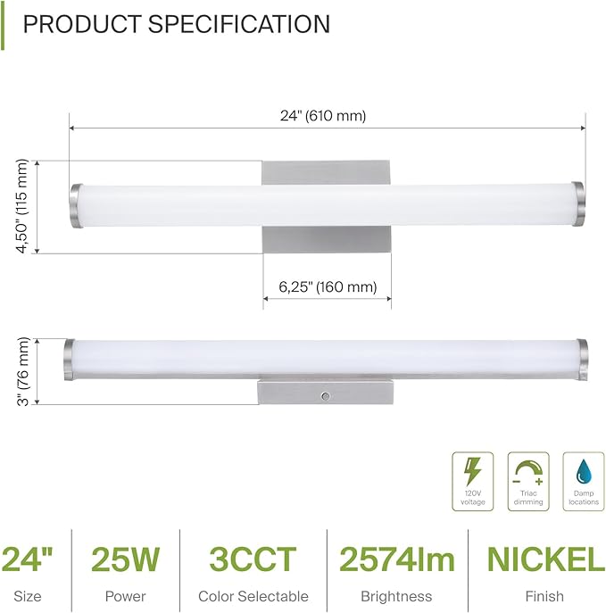 ASD 24" LED Linear Vanity Light Fixture, Modern Bathroom Sconce — 3 Color 3000K-5000K, Dimmable, 25W 1750LM, Energy Star & ETL Listed — Over Mirror Makeup Bar for Bedroom, Cabinets — Nickel, 2 Pack
