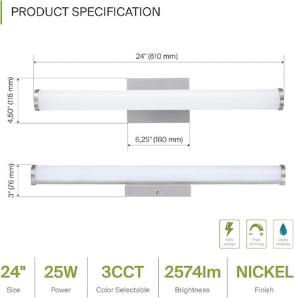 ASD 24" LED Linear Vanity Light Fixture, Modern Bathroom Sconce — 3 Color 3000K-5000K, Dimmable, 25W 1750LM, Energy Star & ETL Listed — Over Mirror Makeup Bar for Bedroom, Cabinets — Nickel, 4 Pack
