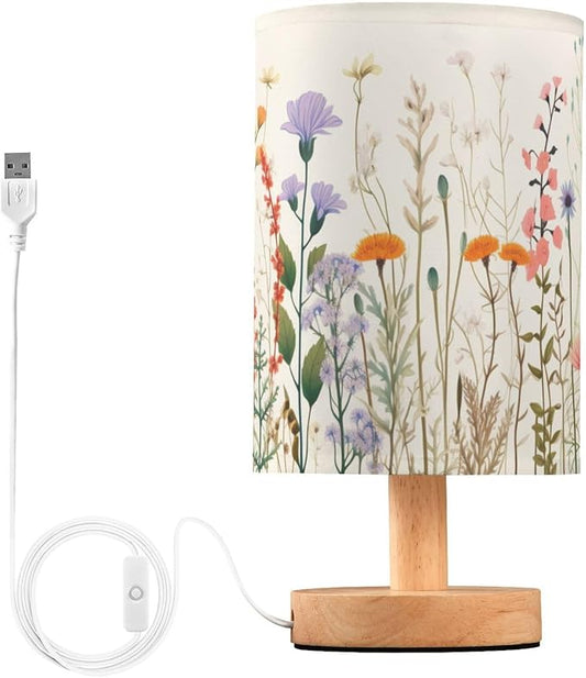 Bedside Table Lamp Colorful Herbs Wild Flowers Nightstand Lamp with Wood Desk Lamps for Bedroom Living Room Nursery Office Home Decor