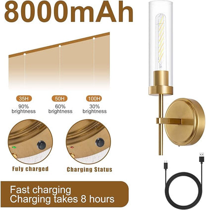 Battery Operated Wall Sconce,Gold Wall Sconces 8000mAh Fast Chargin Dimmable 2Color Temperature Bulbs Endurance 100 Hours Infinitely with Remote Control Wireless Wall Lights for Bedroom Living