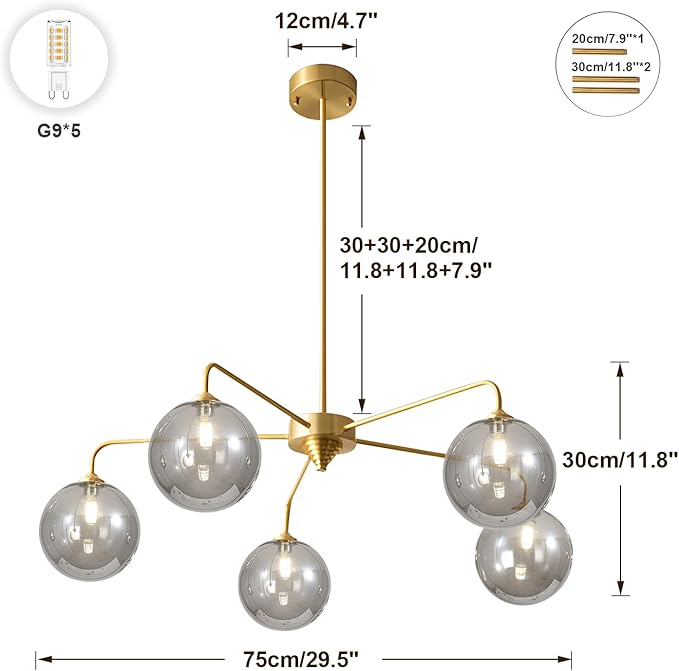 5-Light Gold Sputnik Chandelier, Mid Century Modern, Smoke Gray Glass Shade, Kitchen, Dining, Bedroom, 38.6" L x 30.7" H