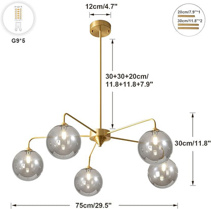 5-Light Gold Sputnik Chandelier, Mid Century Modern, Smoke Gray Glass Shade, Kitchen, Dining, Bedroom, 38.6" L x 30.7" H