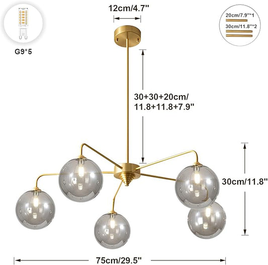 5-Light Gold Sputnik Chandelier, Mid Century Modern, Smoke Gray Glass Shade, Kitchen, Dining, Bedroom, 38.6" L x 30.7" H