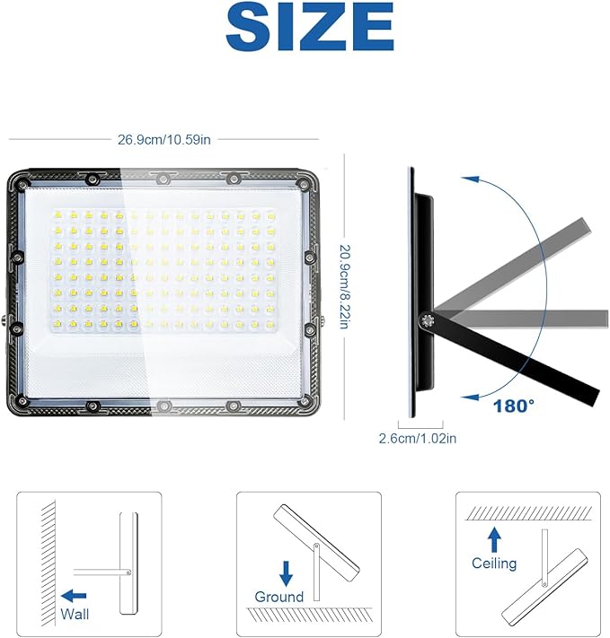 150W Flood Lights Outdoor, 22500lm Bright LED Work Light with Plug, 5000K Daylight White LED Flood Lighting, IP65 Waterproof Security Lights Floodlight for Yard Garage Stadium Playground 2 Pack