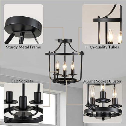 Farmhouse Semi Flush Mount Ceiling Light Fixtures, Industrial Rustic Ceiling Lamp Metal Cage Hallway Light Fixtures(3-Light Black Finish)