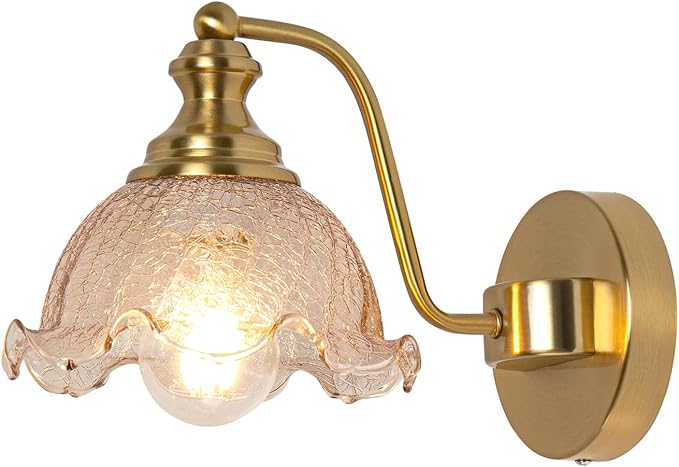 Vintage wall Sconce, Gold wall sconces with Amber Glass Shade, Bathroom Vanity Lights for Living Rooms Bedrooms Bathrooms Above Mirrors Hallways, E26 (Bulb Not Included)